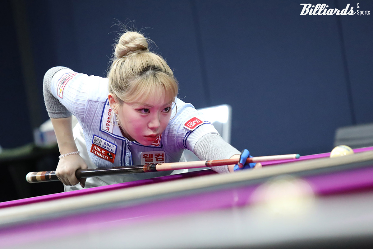 2세트까지 경기가 풀리지 않았던 김예은은 3세트에서 3-3-3 연속타로 살아난 뒤 뱅크 샷을 성공시키며 11:10으로 역전승을 거둬 반전을 노렸다.  사진=이용휘 기자