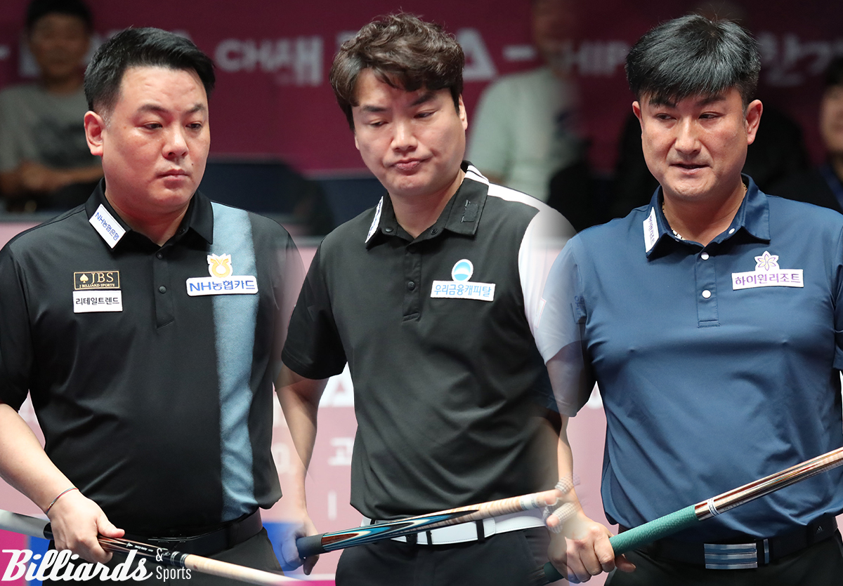 5번째 열린 한가위 당구 대전 '크라운해태 챔피언십'에서 한국 선수 6명이 8강에 진출, 2년 연속 우승을 차지할 수 있을지 주목된다. 사진은 8강에 올라간 조재호(NH농협카드), 강민구(우리금융캐피탈), 이충복(하이원리조트).  사진=고양/이용휘 기자