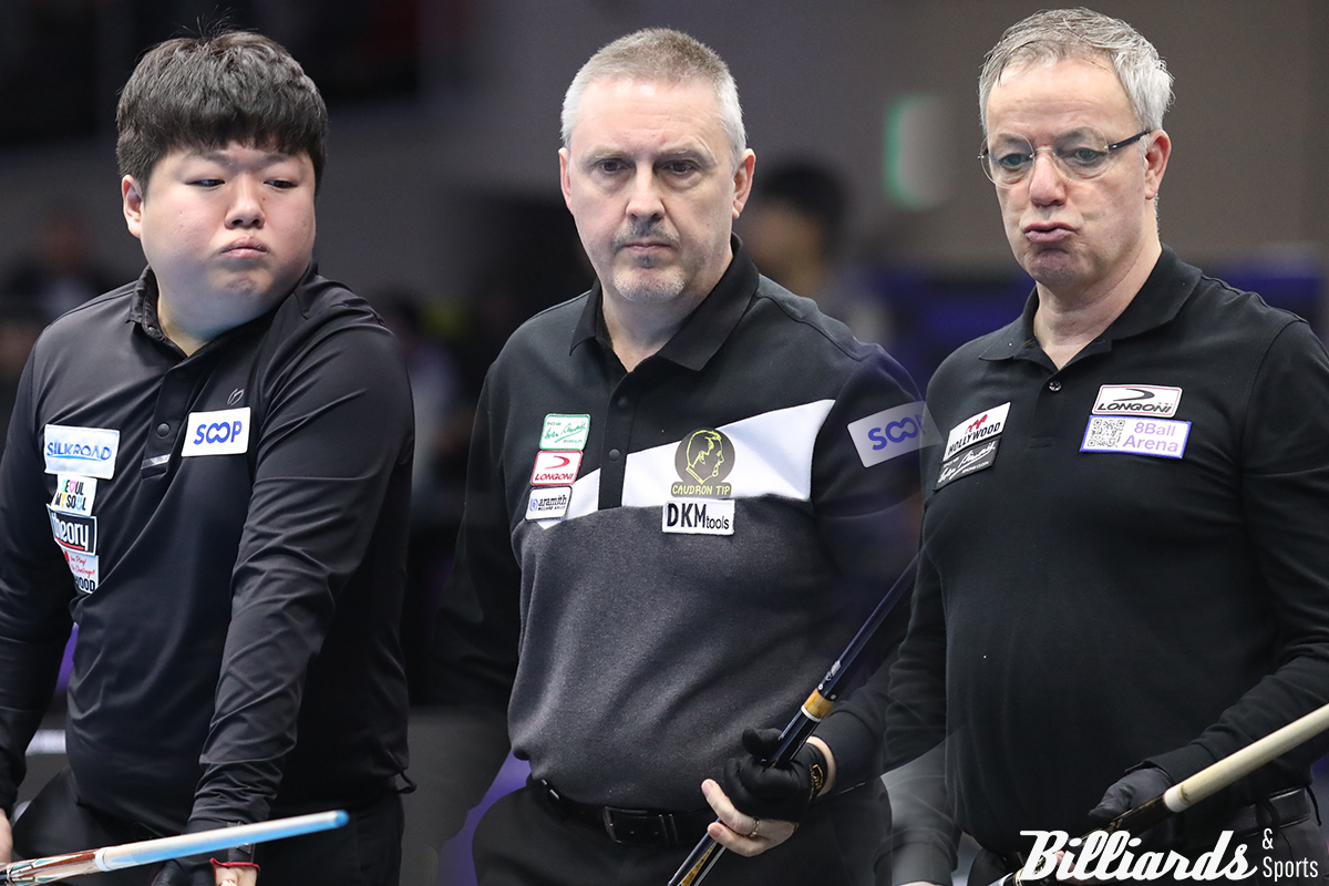 세계 3쿠션 톱랭커 조명우(서울시청)와 프레데리크 쿠드롱(벨기에), 딕 야스퍼스(네덜란드)가 광주 세계3쿠션당구월드컵 조별리그 첫 경기에서 나란히 패하는 이변이 연출됐다.  사진=광주/이용휘 기자