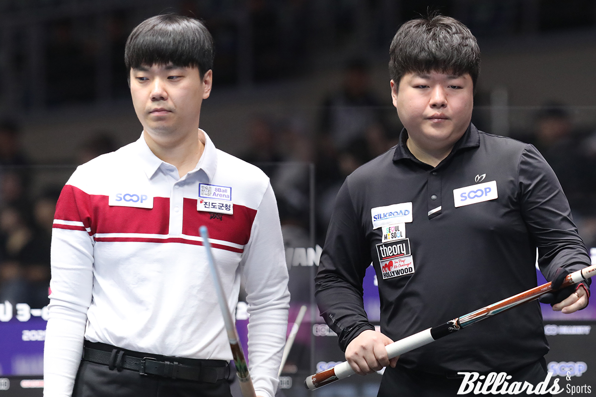 한국의 김행직(전남-진도군청·왼쪽)과 조명우(서울시청·오른쪽), 허정한(경남), 최완영(광주), 가 2025 광주 세계3쿠션당구월드컵 16강에 진출했다.