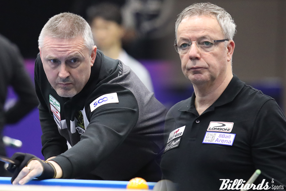 3쿠션 세계 최강 프레데리크 쿠드롱(벨기에·왼쪽)과 딕 야스퍼스(네덜란드·오른쪽)의 운명이 광주 3쿠션 당구월드컵 32강에서 엇갈렸다.  사진=광주/이용휘 기자