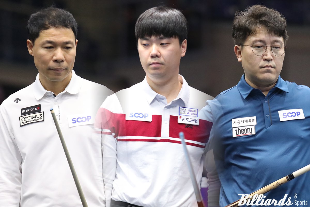 한국의 허정한(경남), 김행직(전남-진도군청), 황봉주(시흥체육회·왼쪽부터)가 광주 3쿠션 당구월드컵 16강에서 아쉽게 탈락했다.  사진=광주/이용휘 기자