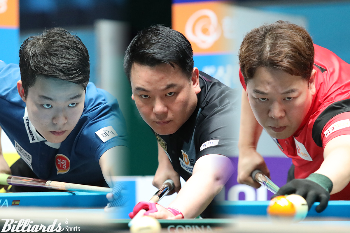 김영원(하림)과 조재호(NH농협카드), 강동궁(SK렌터카·왼쪽부터)이 7차 투어 하이원리조트 챔피언십 16강에 진출했다.  사진=이용휘 기자