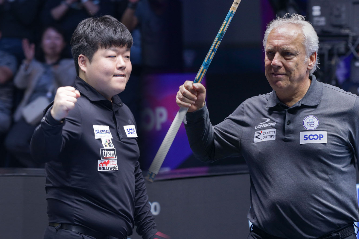 조명우(서울시청)와 마르코 자네티(이탈리아)가 광주 세계3쿠션당구월드컵 결승에 진출했다.  사진=SOOP 제공