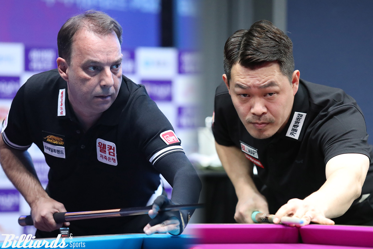 프로당구 7차 투어 하이원리조트 PBA 챔피언십 준결승전에서 다니엘 산체스(웰컴저축은행)와 한국의 이상용(오른쪽)이 두 번째 승부를 벌인다.  사진=정선/이용휘 기자